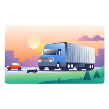 A large transport truck is driving down a highway during sunset. The truck has a bright blue cab and a silver trailer, reflecting the warm hues of the setting sun. The sky is painted in shades of orange, pink, and purple, creating a dramatic backdrop. In the foreground, several smaller cars are traveling alongside the truck, showcasing a variety of colors including red, black, and white. The highway is lined with green grass and a few scattered trees, while the asphalt glistens from the evening light.