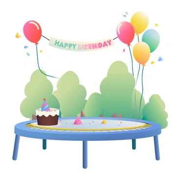 A colorful trampoline is set up in a backyard for a surprise birthday party. Brightly colored balloons in shades of red, blue, yellow, and green are floating above the trampoline, tied to its edges. A round chocolate cake with white frosting and colorful sprinkles is placed carefully on the edge of the trampoline, surrounded by party hats and small confetti scattered across the surface. In the background, there are green trees providing shade, and a banner that reads "Happy Birthday" is draped in the air, adding to the festive atmosphere.