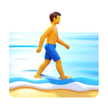 A person with a proper posture walking along the shoreline. The individual is wearing casual beach attire, with sunlight reflecting off the water. Gentle waves are lapping at their feet, creating small ripples in the sand. The scene captures the interaction between the person and the shoreline, showcasing the peaceful movement of the waves.