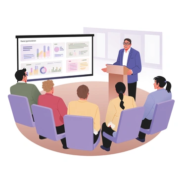 A digital flat illustration featuring an expert standing at a podium, delivering a presentation on "Payroll Optimization." The expert is a middle-aged man with glasses, wearing a blue suit and a white shirt. He is gesturing towards a large presentation screen behind him that displays several colorful graphs and bullet points related to payroll optimization. In the audience, a small group of four individuals, two men and two women, are seated on chairs, attentively looking at the expert. The first man on the left has short black hair and is dressed in a green shirt. The second man has wavy brown hair and is wearing a light blue shirt. One woman has curly blonde hair and is in a red blouse, while the other woman has straight black hair in a ponytail, wearing a yellow dress. The setting is a well-lit conference room with a wooden floor and a large window in the background.