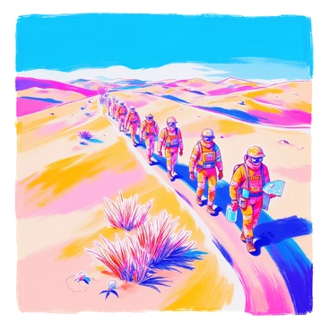 A group of operators is walking across a vast desert landscape. They are dressed in protective clothing, including wide-brimmed hats and goggles to shield their eyes from the glaring sun. The sand stretches endlessly around them, creating rolling dunes under a clear blue sky. In the foreground, one operator is carrying a water canteen, while another is using a map to navigate. The heat waves distort the horizon, and small tufts of dry grass can be seen peeking through the sand. The operators appear focused and determined as they continue their trek through the arid environment.