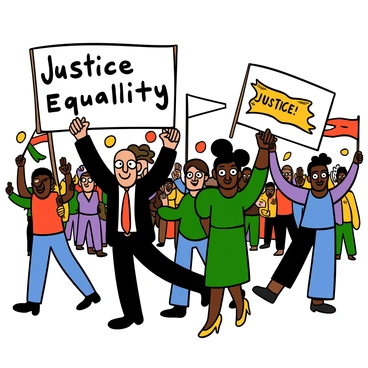 A colorful illustration of a historical protest scene. In the foreground, a diverse group of protestors is marching with raised fists and holding banners with the text "Justice" and "Equality" written in bold letters. Prominent figures stand at the forefront, including a light-skinned man with big eyes wearing a suit and a dark-skinned woman with big eyes wearing a dress, both passionately rallying the crowd. The background features a large crowd of people, some waving flags and others chanting. The atmosphere is vibrant, filled with determination and purpose.