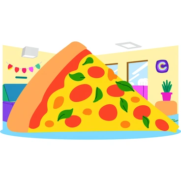 A giant slice of pizza, vibrant in color, stretches across the entire room. The pizza features a golden, crispy crust and is generously topped with bright red pepperoni, colorful bell peppers, and fresh green basil leaves. The cheese is melted and bubbling, glistening under the light. The room is filled with colorful decorations, and the walls are lined with fun pizza-themed artwork. The slice's oversized dimensions dominate the space, creating an amusing and playful atmosphere as it leans against the walls, making it the focal point of the room.