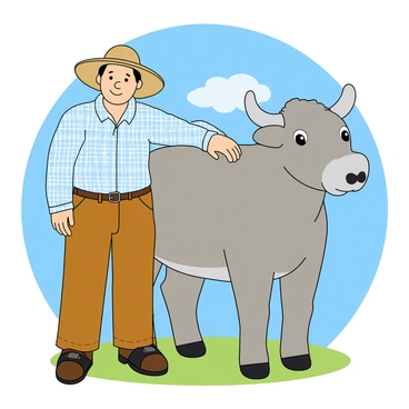A farmer with light brown skin is leaning against a large carabao. The farmer has short black hair and is wearing a light blue checkered shirt and brown pants. He has a wide-brimmed straw hat positioned on his head, providing shade from the sun. The carabao has a shiny gray coat and large expressive eyes, standing calmly next to the farmer. Both the farmer and the carabao are smiling, conveying a sense of happiness. The background features a bright blue sky with a few fluffy clouds and hints of green grass beneath their feet.