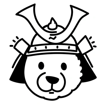 A bear's head, featuring sharp features and a strong jawline, is adorned with a traditional samurai helmet. The helmet showcases intricate details, including ornate carvings and a distinct crest on top. The bear's fur peeks out from beneath the helmet's edges, adding texture to the overall appearance. The eyes of the bear are focused and intense, highlighting a fierce demeanor. The background is minimalistic, allowing the bear's head and the helmet to stand out prominently.