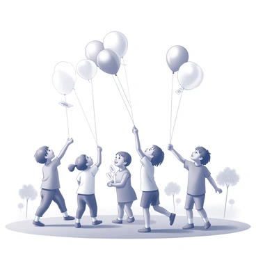 A group of children is gathered in an open field. Each child holds a colorful balloon with a string attached. The balloons are various shapes, some round and others heart-shaped. Each balloon has a small tag attached, displaying a handwritten wish. The children are smiling and looking upwards as they release the balloons into the sky. A gentle breeze is evident as the balloons begin to ascend, drifting away from the children. In the background, there are a few trees and a clear sky.