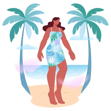 A woman is standing on a sandy beach with palm trees swaying gently in the background. She is wearing a vibrant dress adorned with a tropical print featuring various colorful leaves and flowers. The ocean is visible in the distance, with gentle waves lapping at the shore. The sky is filled with soft, gradient pastel colors that blend seamlessly, creating a serene atmosphere. The woman's hair flows loosely, and she stands confidently, enjoying the warmth of the sun on her skin.