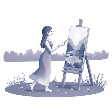 A figure representing "Saraswati" is depicted in a dynamic pose while "painting" on a large canvas. She stands in an open field surrounded by lush vegetation. The canvas is set on an easel, displaying an intricate landscape scene. "Saraswati" holds a paintbrush in one hand, while her other hand gestures expressively, as if she is envisioning the details of her artwork. The ground is dotted with wildflowers, and a distant tree line creates a natural boundary in the background. The sky above is expansive, adding to the ambiance of the setting.