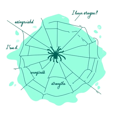 A teal spider web is intricately woven, with numerous threads stretching across the image. Each thread is labeled with different "gifts" and "strengths" in elegant, flowing script. The web glistens with droplets of dew, reflecting light and creating a sense of depth. In the center of the web, a larger thread stands out, labeled with the most significant gift, serving as the focal point. Surrounding the web, soft shadows create a contrast that highlights the delicacy of the threads.