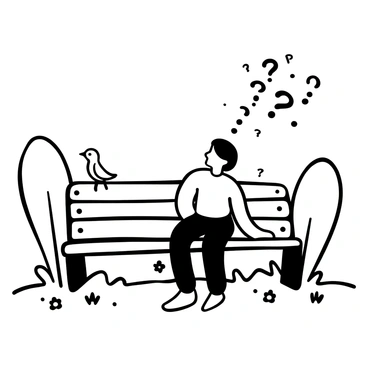 A person is sitting on a park bench with their body turned slightly to the side. The bench is surrounded by trees and grassy areas. Above the person's head, there is a visible cloud of question marks in various sizes. The ground is covered with fallen leaves, and a few birds are perched on the bench nearby. The sky is clear, emphasizing the solitary figure lost in thought.