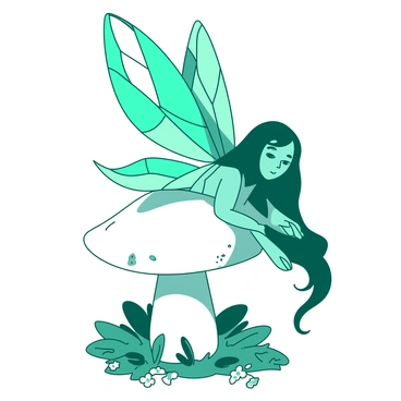 A teal fairy with intricate wings that resemble stained glass is resting gracefully on a large white mushroom. The wings are delicately spread, showing off vibrant colors that reflect the light. The mushroom is slightly oversized, with a smooth cap and a sturdy stem. Surrounding the mushroom, there are small green leaves and tiny white flowers scattered on the ground, adding to the enchanting setting. The fairy has a gentle expression, her long hair cascading down her shoulders, blending harmoniously with the natural elements around her.