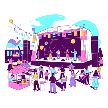 A vibrant outdoor music festival is taking place, filled with performers from various ethnic backgrounds on a large stage. Colorful banners are hanging from the stage, representing different cultures. The audience is diverse, with people dancing and enjoying the music under the bright sun. Musicians are playing traditional instruments alongside modern ones, creating a dynamic atmosphere. There are food stalls nearby, offering dishes from different cuisines, adding to the festive vibe. Balloons and streamers in the air contribute to the celebration.