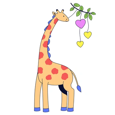 A playful giraffe with a long neck and a light brown body. The giraffe has distinctive heart-shaped spots scattered across its body. Its head is tilted upwards, stretching to reach heart-shaped green leaves hanging from a tree branch. The leaves have vibrant colors, standing out against the giraffe's fur. The scene is cheerful and captures the whimsical interaction between the giraffe and the leaves.
