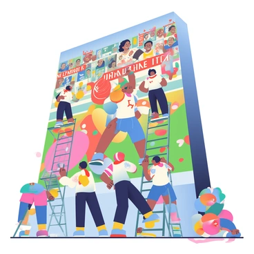 A group of enthusiastic fans, known as ultras, are painting a massive mural on the side of a tall building. The mural features vibrant images celebrating their team’s victories, showcasing players in action and iconic moments from games. The fans are dressed in colorful jerseys and scarves, some holding paintbrushes and spray cans. They are surrounded by ladders and scaffolding, with splatters of paint in various colors on the ground. The sky above is clear, allowing for bright sunlight to illuminate the scene and enhance the vivid colors of the mural.