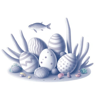 A collection of Easter eggs resting among corals in an underwater scene. The eggs are decorated with various patterns and shapes. Surrounding the eggs, a variety of marine life is present, including fish with intricate scales, a sea turtle gliding gracefully, and colorful coral formations providing a rich habitat. The ocean floor is detailed with sand and additional sea plants surrounding the coral. The scene captures the interplay between the eggs and the lively underwater ecosystem.