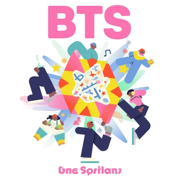 A vibrant album cover features a colorful background with an explosion of hues, showcasing a gradient of blues, pinks, and yellows. In the center, a large geometric shape is filled with various intricate symbols such as stars, hearts, and musical notes. Surrounding this shape are silhouettes of diverse figures, representing unity and collaboration. Each figure is depicted in different dynamic poses, suggesting movement and energy. The title "BTS" is prominently displayed at the top in bold, stylized letters. Below, smaller text includes the album title, also in a distinct font.