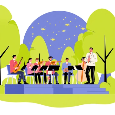 An orchestra composed of musicians playing various instruments is positioned on a stage in a park. The musicians are wearing formal concert attire, and the conductor is attentively leading them with a baton. Surrounding the orchestra are lush green trees and soft grass, creating a vibrant outdoor atmosphere. "Fireflies" with bright yellow lights are seen twinkling above the orchestra, synchronizing with the music, adding a magical touch to the scene. In the background, a clear night sky is visible, enhancing the enchanting ambiance of the concert.
