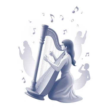 A musician focused on playing a harp. The musician is seated with an elegant posture, their fingers delicately plucking the strings of the harp. Surrounding the musician, there are numerous swirling musical notes that appear to float in the air. Ethereal figures can be seen in the background, taking on soft, flowing shapes that suggest movement and harmony. The scene embodies a sense of connection between the musician and the enchanting atmosphere created by the music.