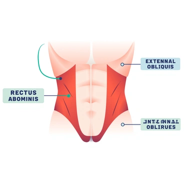 A detailed illustration of the abdominal muscles with labels and highlights