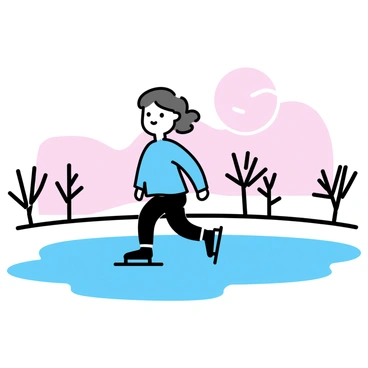 A lone skater wearing a blue jacket and black pants is gliding smoothly across a freshly frozen pond. The ice surface reflects the soft morning light, shimmering gently. Surrounding the pond, bare trees line the edges, their branches slightly frosted. In the background, a pale pink sky hints at the rising sun. The skater's breath is visible in the cold air, creating a sense of tranquility in the serene winter scene.