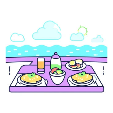A nautical breakfast is set on a wooden table aboard a boat. On the table, there are two seafood omelets, each garnished with green herbs and served on white plates. A small bowl of mixed fruit is positioned next to the omelets, showcasing slices of melon and pineapple. There are glasses of orange juice, and a kettle in the center of the table. In the background, the open sea stretches out under a clear sky, with gentle waves lapping against the boat. Sunlight reflects off the water, creating a shimmering effect.