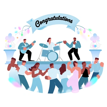 A live band is playing music on a stage at a wedding reception. The band consists of a guitarist, a drummer, and a singer, all dressed in formal attire. Colorful lights illuminate the stage, creating a vibrant atmosphere. In front of the stage, a group of guests is dancing and enjoying the performance, some clapping their hands and others smiling while swaying to the music. Tables adorned with elegant centerpieces are visible in the background, enhancing the festive setting. A large banner with "Congratulations" is hanging above the stage.