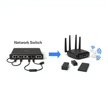 A detailed illustration featuring a network switch on one side and a router on the other side. The network switch is depicted with multiple Ethernet ports clearly visible on its front panel. It is labeled with the text "Network Switch" in bold letters above it. The switch is shown with several connected cables leading to various devices, such as computers and printers. 

On the opposite side, the router is prominently displayed with visible antennae and a series of LED indicator lights. It is labeled "Router" in bold letters above it. The router is connected to a modem and is depicted with Wi-Fi symbols radiating outward to represent wireless connectivity. 

Between the two devices, arrows indicating data flow illustrate the differences in function: the switch managing wired connections for local devices and the router managing internet access and wireless connections. The overall layout is clean and easy to understand, emphasizing the roles of each device in a network.