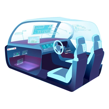 The interior of a futuristic 3D car with advanced controls and displays