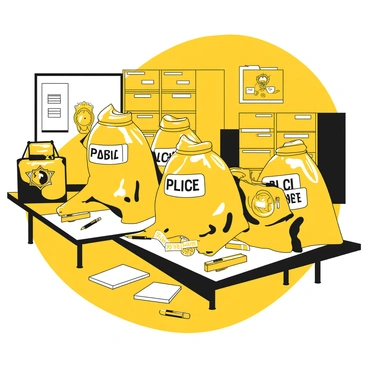 A table is set up in a police station, covered with multiple evidence bags, each clearly labeled with black text. The bags contain various items such as a small knife, a piece of clothing, and a set of fingerprints on tape. In the background, there are filing cabinets and a corkboard with pinned notices. A few pens and notepads are on the table, and a police badge is placed prominently beside the evidence bags. The atmosphere is focused and organized, reflecting the meticulous nature of police work.
