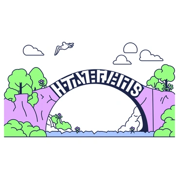 A bridge made of words is arching across a wide chasm. The structure comprises letters and phrases in multiple languages, creating a mosaic effect. On one side of the bridge, there is a lush green landscape filled with trees and flowers. On the other side, a rocky terrain with sparse vegetation is visible. The sky above is clear and bright, creating a sense of openness. A few birds are flying overhead near the bridge, adding life to the scene. The words on the bridge appear prominently and are arranged in a flowing manner, connecting the two distinct lands below.