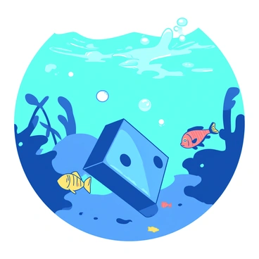 A blue domino with a glossy surface is falling slowly underwater, creating gentle ripples in the surrounding water. Various colorful fish, including a bright yellow fish and a vibrant orange fish, swim around the domino, their scales shimmering in the light. Bubbles rise from the domino, adding to the sense of motion. The underwater scene is lively, filled with hints of teal light filtering through the water above.