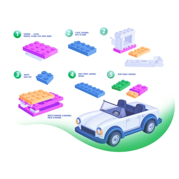 An illustration depicting the step-by-step assembly of a "LEGO car." The image features various stages of construction, with parts laid out in an organized manner. The first stage shows individual LEGO bricks in different colors, including red, blue, and yellow. Following steps display the bricks being connected to form the car's base, wheels, and body. The final stage reveals a completed "LEGO car" with headlights and a steering wheel visible. Each step is numbered and includes detailed labels, ensuring clarity in the assembly process.