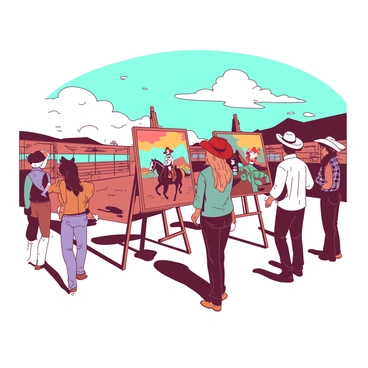 A group of artists is gathered at an outdoor rodeo art festival, each standing in front of their easels, actively painting vibrant western scenes. One artist is capturing a galloping horse with a rider in a red cowboy hat, while another is focused on a colorful rodeo clown entertaining the crowd. Nearby, a third artist is painting a sunset backdrop with orange and teal hues reflecting off a dusty rodeo arena. Attendees are strolling between the artists, admiring the artwork and the lively atmosphere of the festival. The sky is clear, and a few fluffy clouds are drifting overhead, adding depth to the scene.