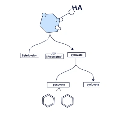A simple illustration of the breakdown of glucose into pyruvate. The image shows a large glucose molecule at the top, represented as a hexagon with lines and circles indicating its carbon, hydrogen, and oxygen atoms. Below the glucose molecule, there are several arrows pointing downward, representing the sequence of steps in the breakdown process. Each step is labeled with a small box containing terms such as "Glycolysis," "ATP Production," and "Pyruvate Formation." At the bottom, two distinct pyruvate molecules are depicted, each represented as smaller three-carbon structures, indicating the final product of the breakdown.
