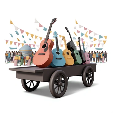 A musical instrument cart offering guitars, ukuleles, and tambourines at a music festival