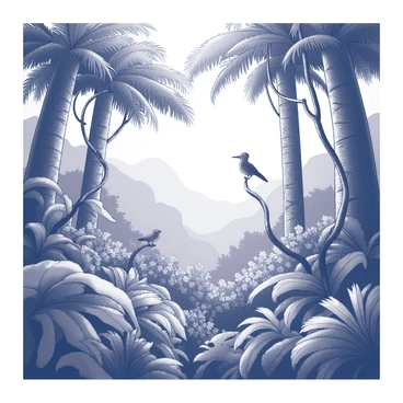 A dense jungle filled with an array of lush vegetation. There are towering trees with broad leaves and rich textures, intertwining vines snaking around the trunks. Various plants with different shapes and sizes fill the foreground, creating a thick undergrowth. The scene is alive with movement, as small animals can be seen darting between the foliage. Birds are perched on branches, their silhouettes visible against the dense greenery. Sunlight filters through the canopy, casting intricate shadows on the ground, enhancing the dynamic feeling of the environment.
