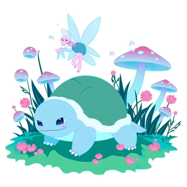 A Squirtle with a smooth blue shell and bright, curious eyes is resting peacefully on a bed of vibrant green moss in a whimsical fairy garden. Surrounding it are tiny fairies with transparent, gossamer wings, each adorned in colorful outfits made of flower petals. The fairies are playfully fluttering around, some hovering close to the Squirtle, while others are dancing in the air. The garden is filled with oversized, luminous mushrooms and delicate, twinkling lights that enhance the enchanting atmosphere. The scene is lively, with lush plants and flowers in various shades thriving all around, creating a magical, serene environment.