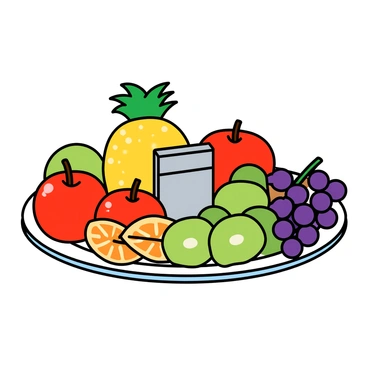 A small, shiny silver lighter is placed on a colorful fruit platter. The platter is filled with various bright and juicy fruits, including a yellow pineapple, red apples, and green kiwis. There are also clusters of purple grapes and slices of orange scattered across the surface. The lighter is positioned near the center of the platter, contrasting with the vibrant colors of the fruits surrounding it. The overall composition showcases the freshness and variety of the fruit, with the lighter adding a unique element to the scene.
