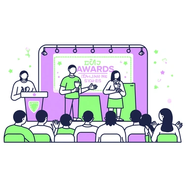 An awards ceremony is taking place on a stage with bright lights. In the center, employees are standing proudly, each holding a trophy in their hands. The stage is adorned with a green and purple banner that displays the event title. A group of attendees is seated in the foreground, clapping enthusiastically, their expressions filled with joy and excitement. To the side, there is a podium with a microphone, and a large screen displays the names of the award recipients. The atmosphere is filled with a sense of celebration and achievement.