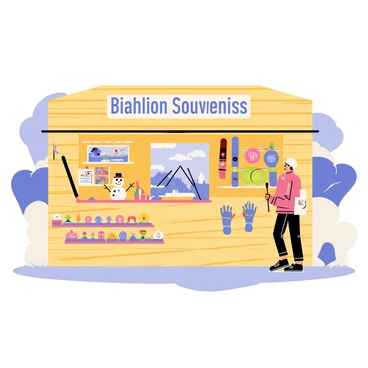 A stall made of wooden planks with a slanted roof, displaying an array of "biathlon-themed souvenirs." Colorful merchandise like "snowman figurines holding rifles," "decorative skis," and "miniature biathlon medals" are neatly arranged on shelves. There are "handmade woolen gloves" and "soft beanies" with skiing motifs hanging from hooks. A banner above the stall reads "Biathlon Souvenirs" in bold letters. The background shows snowy landscape and distant people participating in winter sports, contributing to the lively atmosphere of the event.