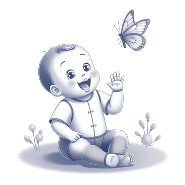 A baby sitting on a grassy area, with tiny hands extended upward. The baby has wide, sparkling eyes filled with curiosity and excitement. A butterfly is hovering just out of reach, its wings open in a delicate, intricate pattern. The scene captures the moment of connection between the baby and the butterfly, emphasizing the baby’s joyful expression and the gentle movement of the butterfly in the air. The background features soft shapes of trees and flowers, creating a tranquil atmosphere.