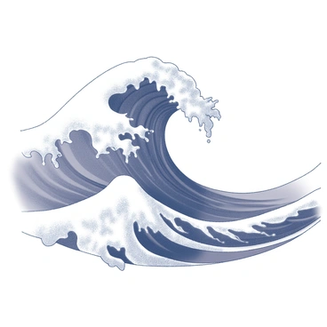 An ocean wave in motion is depicted with a crest curling dramatically over itself. The wave is formed by intricate lines and shapes that suggest movement and energy. The texture of the surface captures the dynamic interplay of water, with ripples and foamy edges adding depth to the scene. The image emphasizes the powerful nature of the wave as it prepares to crash.