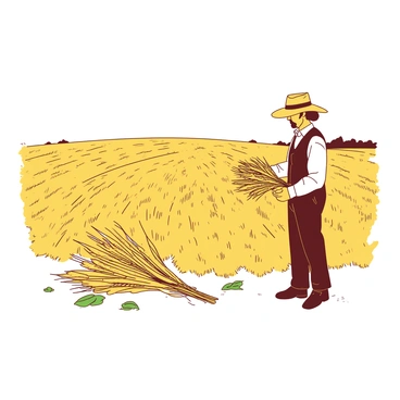 A yellow field of wheat sways gently under a clear sky, indicating it is ready for harvest. In the middle of the field, a farmer wearing a straw hat is inspecting the crops. The farmer is holding a handful of golden wheat stalks, examining them closely. There are also several green leaves scattered among the wheat, adding contrast to the vibrant field. The farmer stands confidently, surrounded by the ripening wheat stretching out to the horizon.