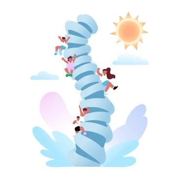 A giant articulated vertebral column is depicted, towering as a roller coaster. Several children are joyfully sitting on the segments of the vertebral column, with their arms raised in excitement. The children are wearing colorful clothing, bringing a vibrant atmosphere to the scene. The vertebral column has smooth contours and is adorned with playful decorations, enhancing its whimsical appearance. In the background, gentle hills and soft clouds complement the playful theme. A large sun shines brightly, casting a warm glow over the entire illustration.