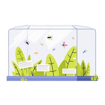 A large glass enclosure filled with various species of mosquitoes is situated in a unique zoo exhibit. The enclosure features lush green plants and small branches for the mosquitoes to rest on. Inside, the mosquitoes can be seen in various colors and sizes, with some hovering in the air while others rest on the foliage. Small informational signs are placed around the enclosure, detailing information about the different types of mosquitoes and their habitats. Soft lighting illuminates the enclosure, creating a clear view of the insects and highlighting their delicate wings.