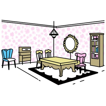A spacious room filled with vintage-style decor and antique furniture. The walls are adorned with intricate floral patterns in soft pastels. A large, ornate wooden table sits in the center, surrounded by mismatched chairs with elegant carvings. A plush, patterned rug covers the wooden floor beneath. In one corner, a tall bookshelf is filled with leather-bound books. An antique chandelier hangs from the ceiling, casting warm light throughout the room. A vintage mirror with a gilded frame reflects the inviting atmosphere.