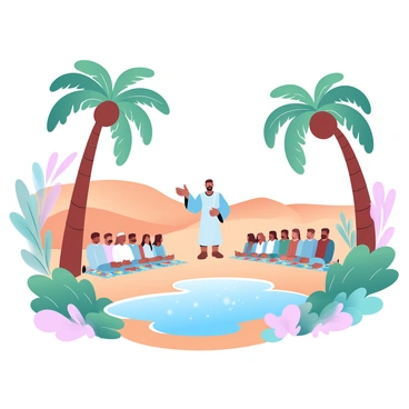 An oasis in a desert features a preacher standing in front of a small crowd gathered beneath tall palm trees. The preacher is wearing traditional robes and gesturing with one hand as he speaks passionately to the audience. The audience consists of individuals seated on colorful woven mats, listening attentively. In the background, the sandy dunes of the desert can be seen, contrasting with the lush greenery of the oasis. A shimmering pool of water is visible nearby, reflecting the sunlight and surrounded by vibrant vegetation.