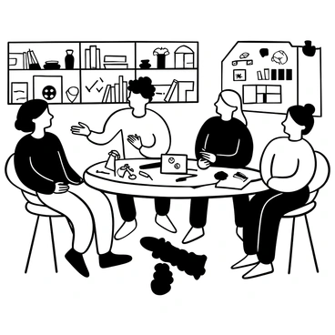 A diverse group of illustrators seated around a large wooden table, engaged in a lively discussion. Various art supplies are scattered across the table, including pencils, markers, sketchbooks, and paint tubes. One illustrator gestures animatedly, while another takes notes on a notepad. A laptop displaying design concepts sits open beside a half-finished illustration. The room is filled with bookshelves lined with art books and inspiration boards adorned with sketches and color swatches.