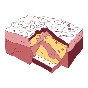 A detailed 3D model showcasing the geological features of a "reverse fault". The model includes clearly defined rock layers, with one side of the fault pushed upwards relative to the other. The rocks exhibit different textures and colors, emphasizing the displacement. Indicators such as arrows and labels are present to illustrate the direction of movement and the geological terms. The model is set against a simple neutral background to highlight the structure of the fault and the surrounding rock formations.