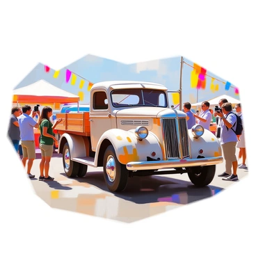 An antique truck with a weathered, rusty exterior is prominently displayed at a vintage car fair. The truck features classic details such as round headlights, a wooden bed, and chrome accents that glimmer in the sunlight. Surrounding the truck, a group of people of various ages are admiring it. Some individuals are taking photographs while others are engaged in conversation, pointing to different aspects of the truck. In the background, colorful banners and other vintage cars are visible, adding to the lively atmosphere of the fair.